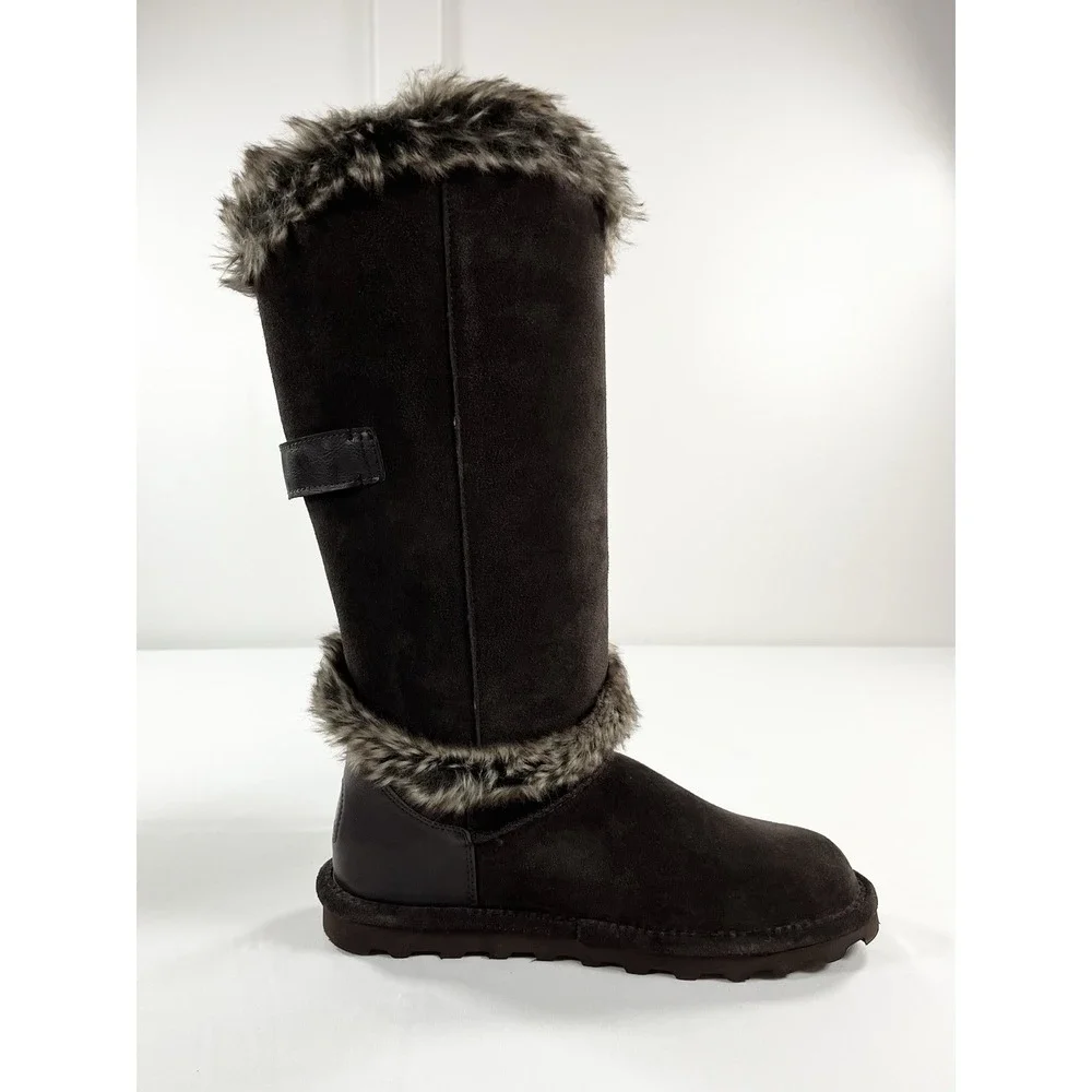 New BEARPAW Sheilah Women's 10 Suede Tall Boots Faux Fur Trim‎ Hickory Winter